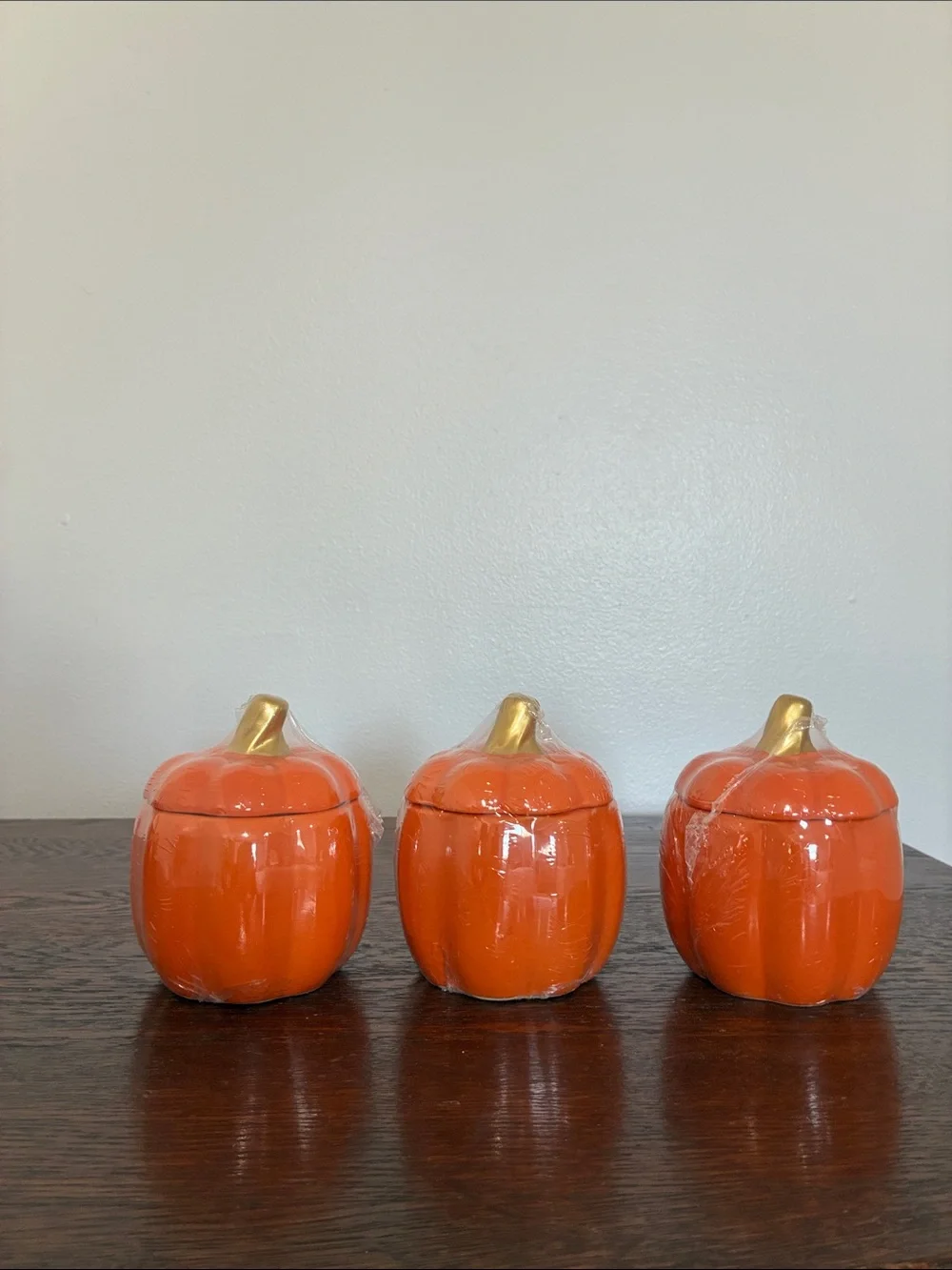 NWT- Set of 3- Orange Ceramic Pumpkin Jars with Lid & Gold Stems